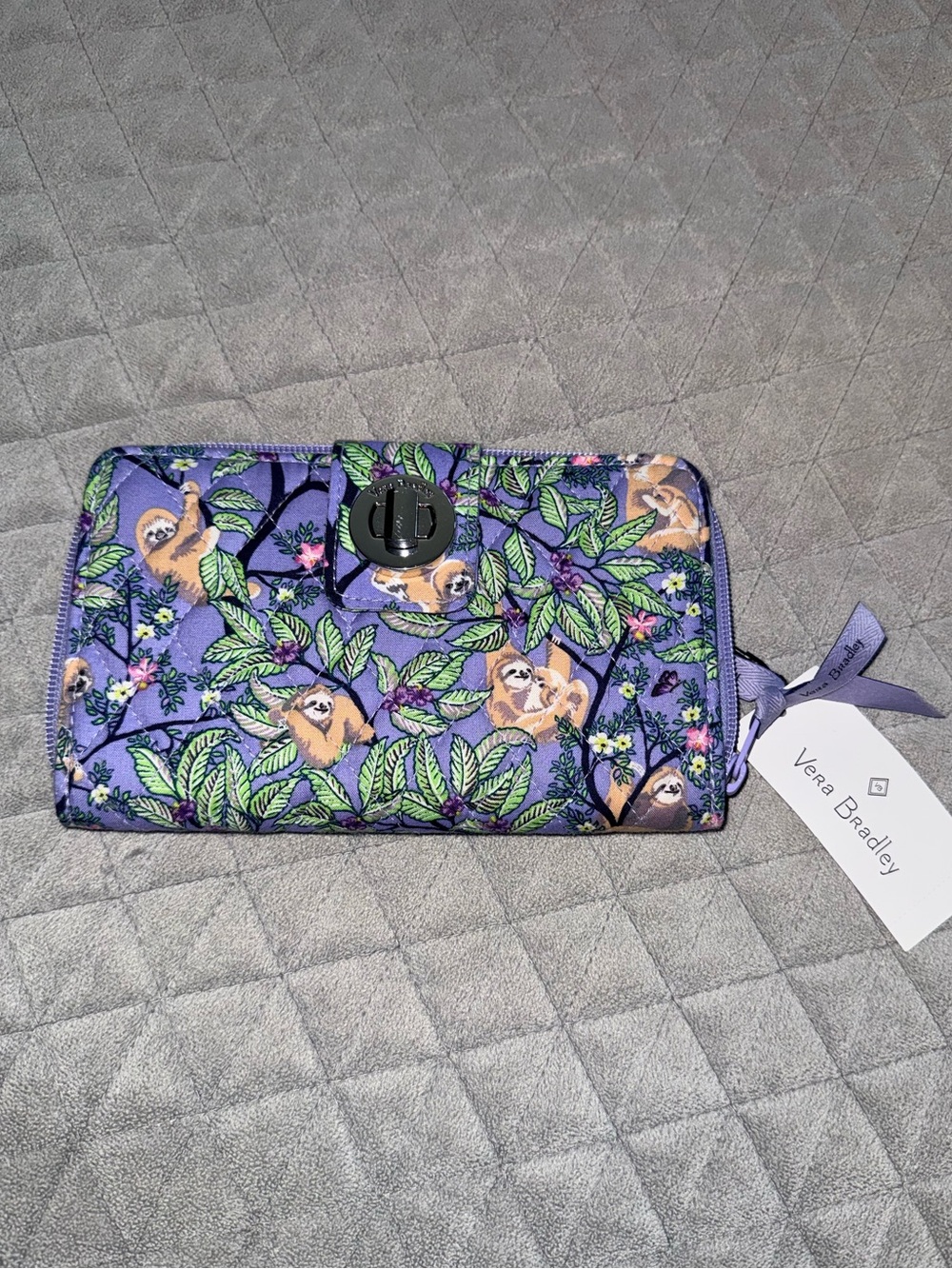 Vera Bradley Lavender Quilted Wallet with Sloth & Leaf Print - Picture 1 of 4